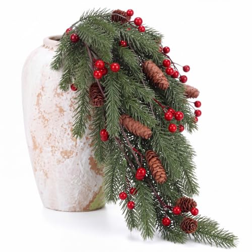 Suncalla 2 Pack 34-Inch Norfolk Artificial Christmas Pine Branches with Berries & Pinecones
