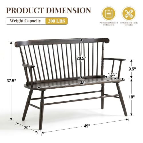 Rustic Solid Wood Farmhouse Dining Bench with Spindle Back and Armrest