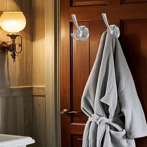 Brushed Nickel Double Wall Hooks - Heavy Duty Coat and Towel Hooks (2 Pack)