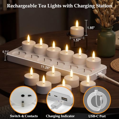 Lasumora Rechargeable White Tea Light Candles with Remote & Charging Base 12-Pack