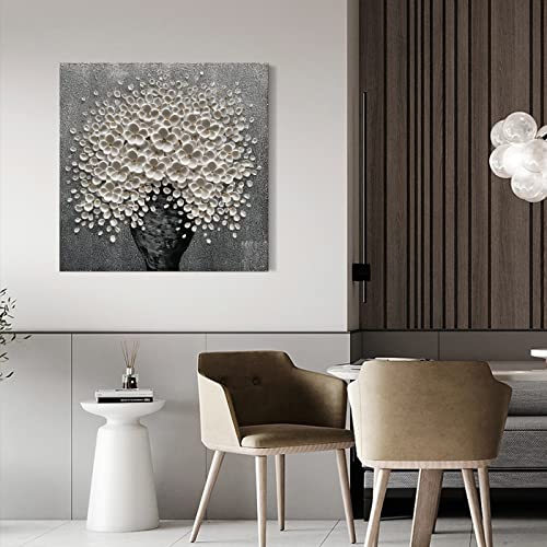 Hand-Painted White Flower Canvas Oil Painting 24x24 Inch Framed Wall Art
