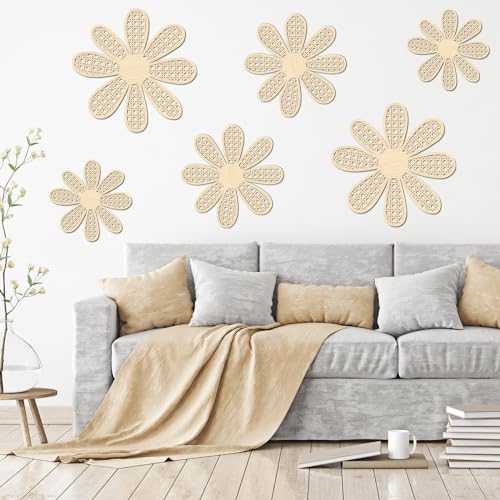 6-Piece Boho Wooden Daisy Flower Wall Decor Set, Rustic Floral Art