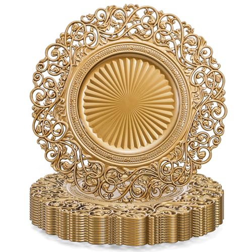 Foraineam 13-Inch Gold Charger Plates Set of 12 - Decorative Hollow Out Flowers