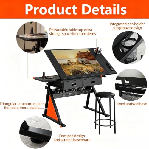 Height Adjustable Drafting Table with Stool and Storage - Tilted Art Desk