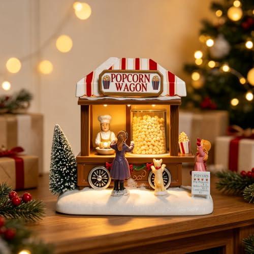MUMTOP Christmas Village House with Animated Popcorn Wagon, Light & Music