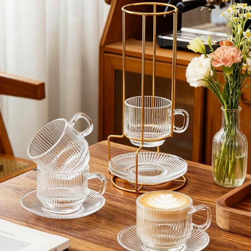 Set of 4 Clear Glass Espresso Cups with Saucers & Stand, 5.4 oz Coffee Mug Set