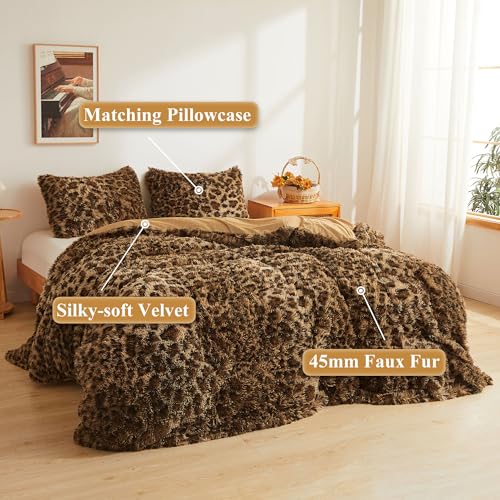Fluffy Faux Fur Duvet Cover Set - Queen Soft Shaggy Leopard Print Bedding
