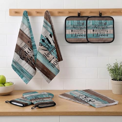 8-Piece Teal Rustic Kitchen Decor Set with Towels, Oven Mitts & Pot Holders