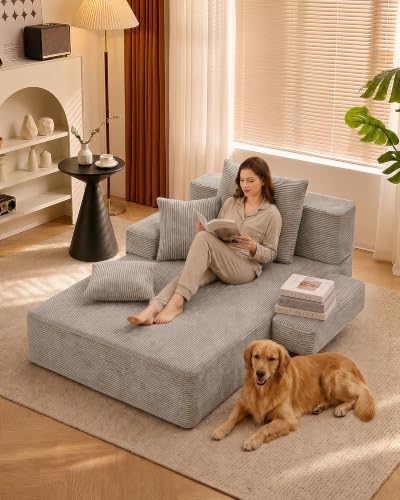 79.5" Oversized Corduroy Chaise Lounge Sleeper Sofa with 3 Pillows