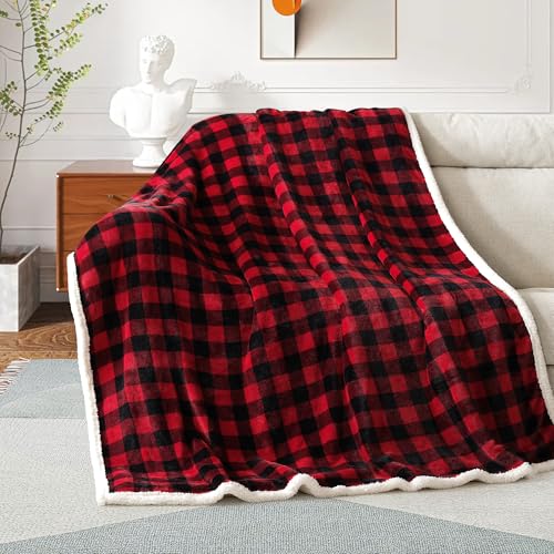 BEAUTEX Twin Sherpa Fleece Buffalo Plaid Blanket - 60x80 inches, Red