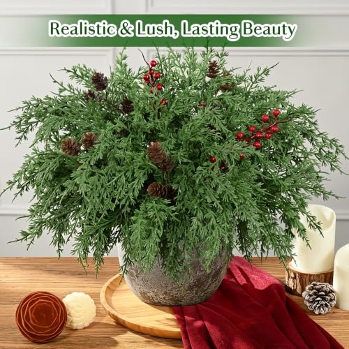18Pcs Cedar Pine Stems with Berries & Pinecones – Norfolk Pine Christmas Picks (14 stems, 2 berries, 2 cones) by Dolicer