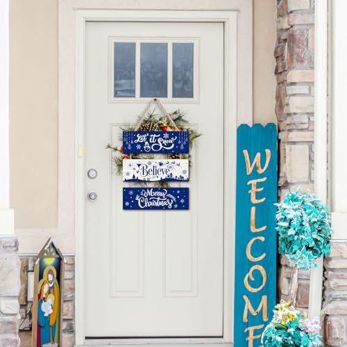 Blue Christmas Wall Hanging Decor Rustic Wooden Ornaments Set - Let It Snow, Merry Christmas, Happy Holidays Sign