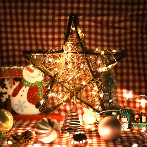 10 Inch Rattan Christmas Tree Topper Star with 50 Warm White LED Lights