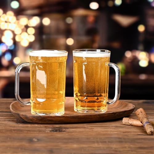Set of 2 Glass Beer Mugs, 11oz Clear Beer Steins with Handles