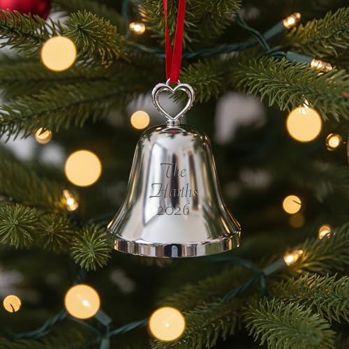 Personalized Silver Bell Christmas Ornament with Heart Top, Custom Engraved
