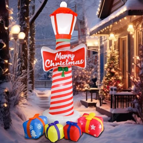 8FT Christmas Inflatable Lighthouse with LED Lights and Gift Boxes for Holiday Yard Decor