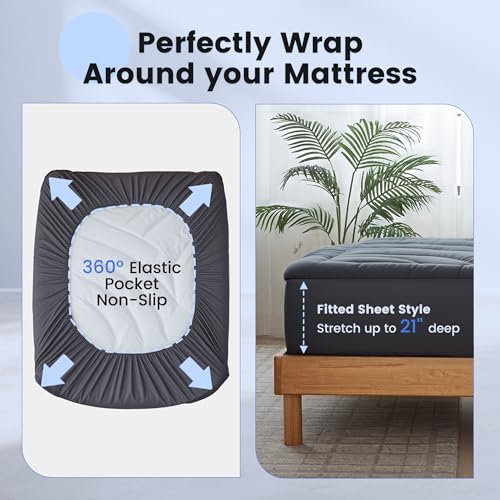 QUIETSEA Gray Waterproof Queen Mattress Protector - Quilted Fitted Bed Cover