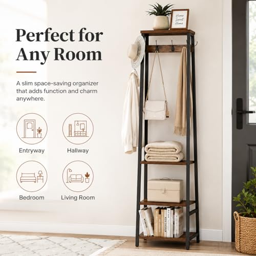 Freestanding Hall Tree with 3 Shelves and 7 Hooks, Industrial Coat Rack