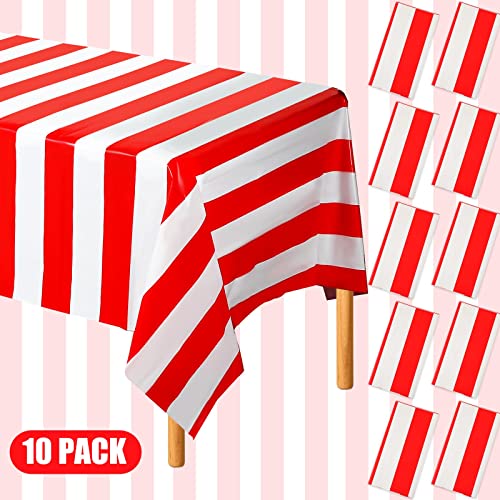 Batiyeer 10 Pcs Carnival Theme Red & White Striped Plastic Tablecloths
