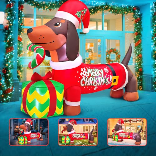 KOOY 5FT Christmas Inflatable Dachshund with Gift Box Outdoor Decor