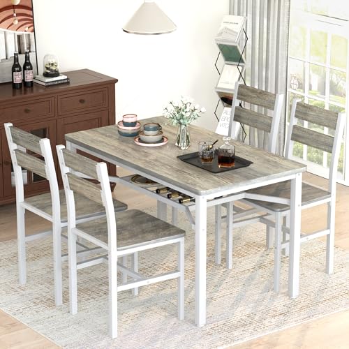 5-Piece Rustic Farmhouse Dining Table Set with 4 Chairs and Storage Shelf