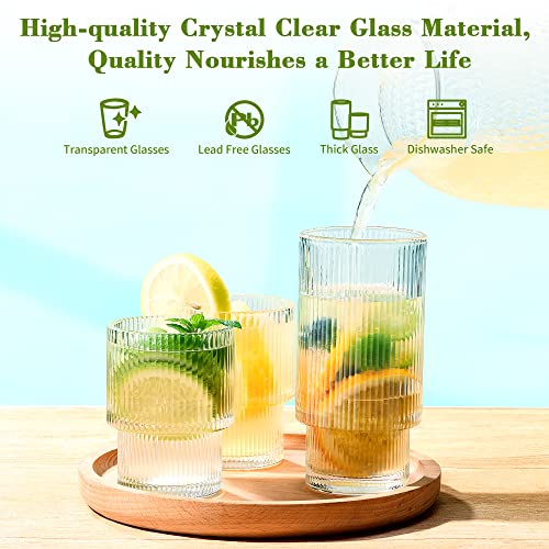 12-Piece Ribbed Glassware Set, Stackable Fluted Drinking Cups 7oz & 12oz