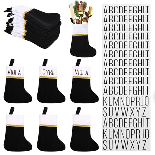 Seematn 24 Mini Christmas Stockings with Black & White Letter Stickers, DIY Hanging Decor