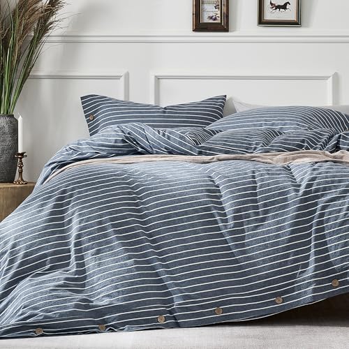 100% Washed Cotton Striped Twin Duvet Cover Set with Coconut Buttons