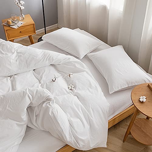 100% Washed Cotton Duvet Cover Set - 3-Piece Queen Bedding, Soft White