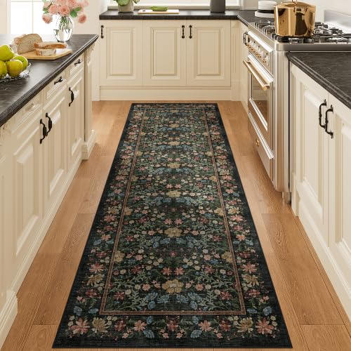 2x6 Washable Vintage Floral Runner Rug, Non-Slip Low Pile Boho Carpet