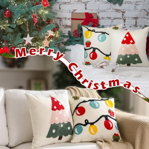 Beeveer 2 Pcs Christmas Jacquard Throw Pillow Covers 18 x 18 in - Tree & Lantern 3D Embroidery