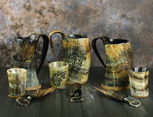 Handcrafted Viking Horn Mug Set with Shot Glass and Bottle Opener