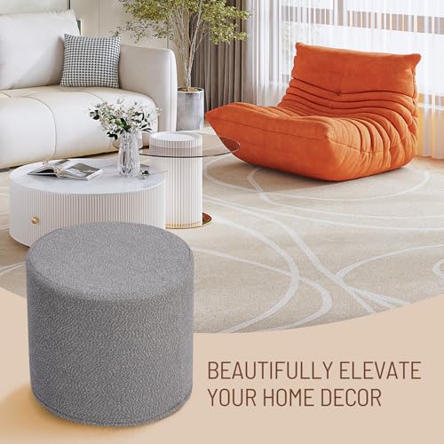 Round Grey Boucle Ottoman - 17.7-Inch Soft Foam Footrest & Extra Seat
