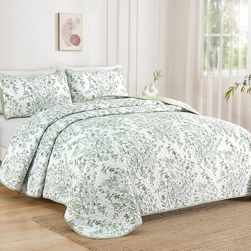WONGS BEDDING Sage Green Botanical Floral King Quilt Set - 3-Piece Bedspread