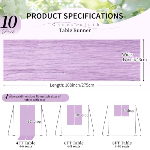 10-Pack Lavender Cheesecloth Table Runners, 17x108 Inch Gauze Fabric