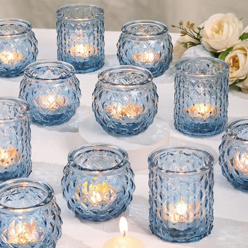 Blue Glass Votive Candle Holders Set of 24 - Textured Design for Weddings & Parties