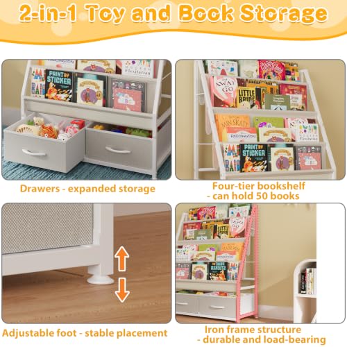 4-Tier Kids Bookshelf with Toy Storage Drawers and Canvas Pockets