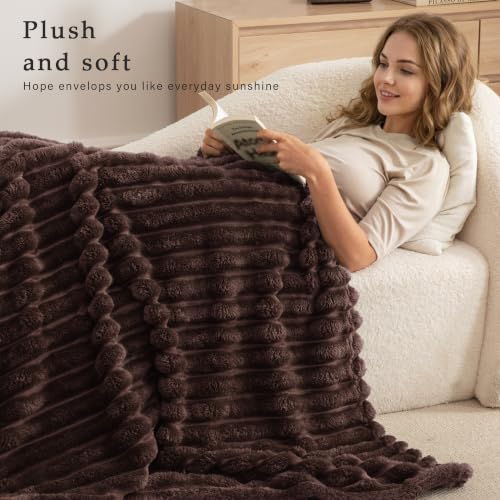 Exclusivo Mezcla Queen Size Striped Fleece Blanket - Coffee 90x90 in, Soft Cozy Bed Throw