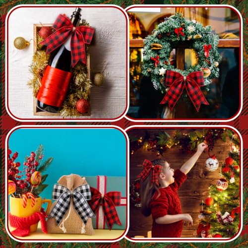 Buffalo Plaid Christmas Bows 12 Pack 4x4 inches Velvet Black Red DIY Gift Decoration