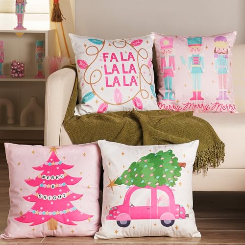 Pink Christmas Pillow Covers 18x18 inches - Set of 4 Holiday Decor