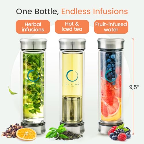 Pure Zen 13 oz Tea Infuser Bottle with Stainless Steel Filter - Travel Tea Mug Gift Set