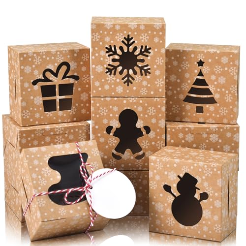 Cotopher 18Pcs Christmas Cookie Gift Boxes with Window, Brown 4x4x2.5in - 18 Boxes, 6 Window Styles