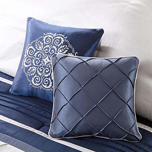 Faux Silk Navy Queen Comforter Set, 7pc - All Season Bedding