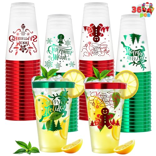 JOYIN 36 Pack Christmas Disposable Plastic Cups 16oz Red & Green Holiday Tableware