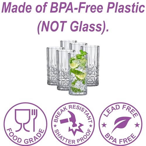 6-Pack Plastic Highball Glasses Set - Reusable, BPA-Free, Shatterproof for Outdoor & Poolside Use