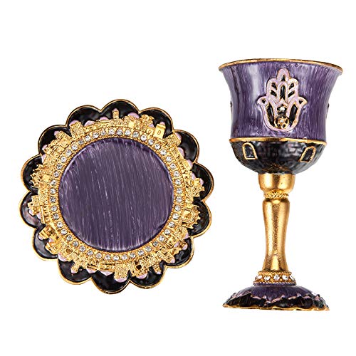 5-Inch Hand-Painted Enamel Kiddush Cup Set with Tray and Hamsa Design