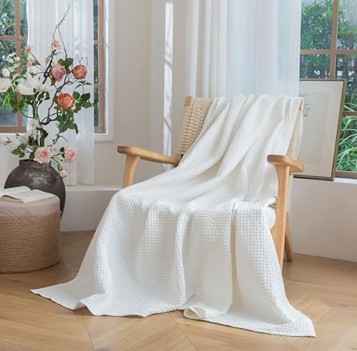 Talasily 100% Cotton King Blanket - White 108x90 in Waffle Weave, Lightweight All-Season