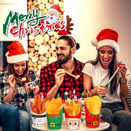 Jingmore 320 Pcs Christmas Disposable Charcuterie Cups & Bamboo Picks Set - 14 oz Cups, 4 Styles, Santa Snowman Pattern