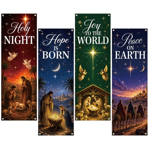 4Pcs Nativity Church Banner Set - 72 x 24 in, MOIZYNG National/ Holy Night Joy to the World Peace on Earth Hope Is Born