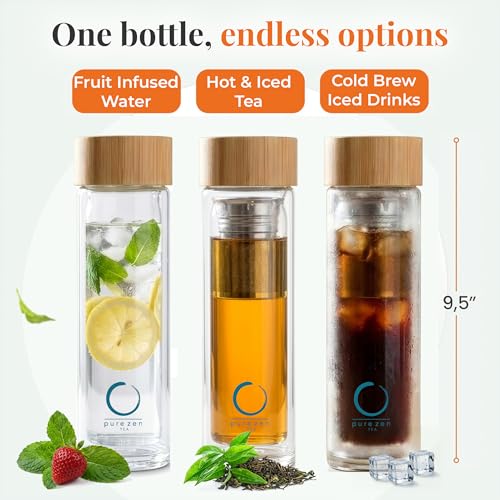 Pure Zen Tea Glass Infuser Bottle – Leakproof Travel Tea Tumbler with Stainless Steel Strainer, 15 oz